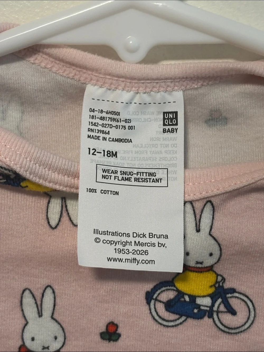 Uniqlo Pink Miffy Bicycle Print Short-Sleeve Bodysuit